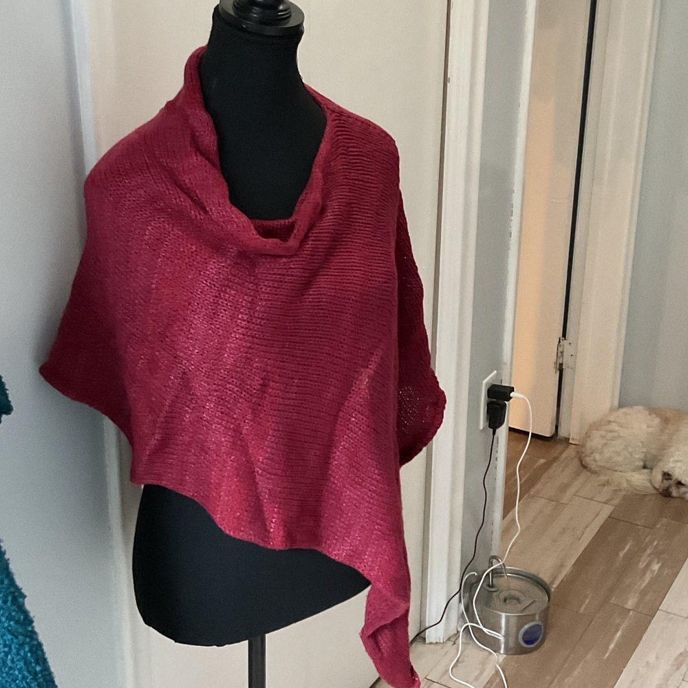 P497. Women's Knit Poncho Shawl in Berry Pink